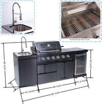 Outdoor Kitchen Island Gas Grill System 4 Burner BBQ Island with Rotisserie Kit, Integrated Sink, Wine Cooler & Granite Countertop