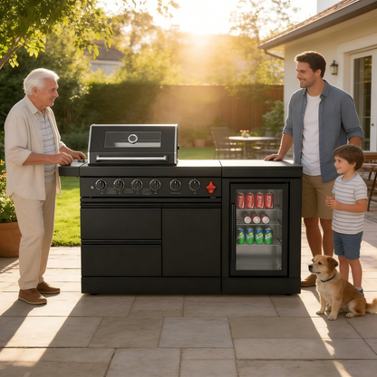 65-Inch 4-Burner Stainless Steel Outdoor Kitchen Grill with Refrigerator - Black