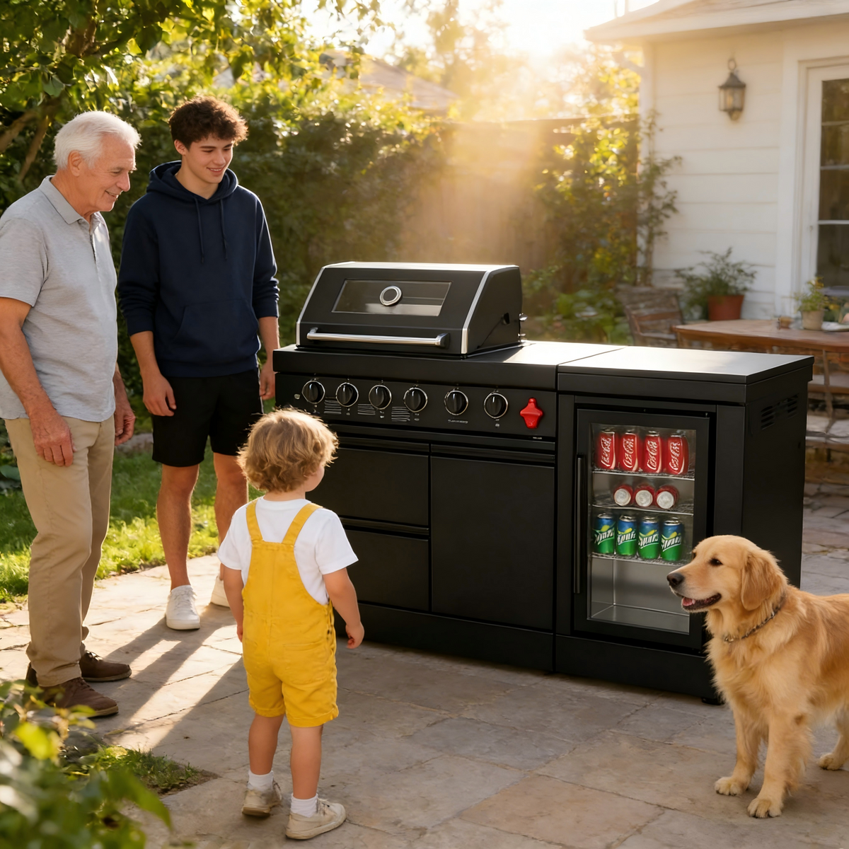 65-Inch 4-Burner Stainless Steel Outdoor Kitchen Grill with Refrigerator - Black