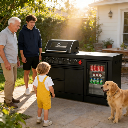 65-Inch 4-Burner Stainless Steel Outdoor Kitchen Grill with Refrigerator - Black