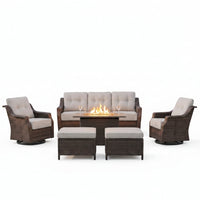Luxurious 7 Piece Patio Furniture Set with Fire Pit Table, High Back Wicker Swivel Rocker Glider Outdoor Chairs with 6" Cushion, All-Weather Patio Conversation Set for Yard Garden - Brown/Beige