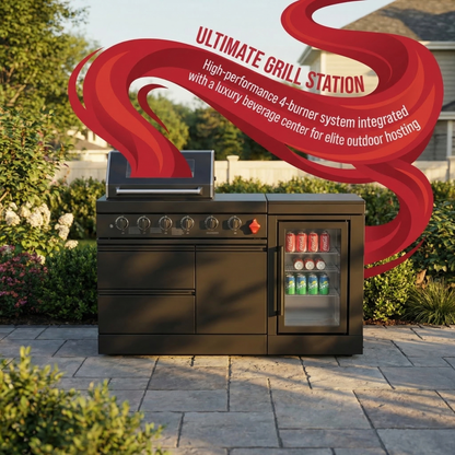 65-Inch 4-Burner Stainless Steel Outdoor Kitchen Grill with Refrigerator - Black