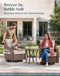 Luxurious 7 Piece Patio Furniture Set with Fire Pit Table, High Back Wicker Swivel Rocker Glider Outdoor Chairs with 6" Cushion, All-Weather Patio Conversation Set for Yard Garden - Brown/Beige
