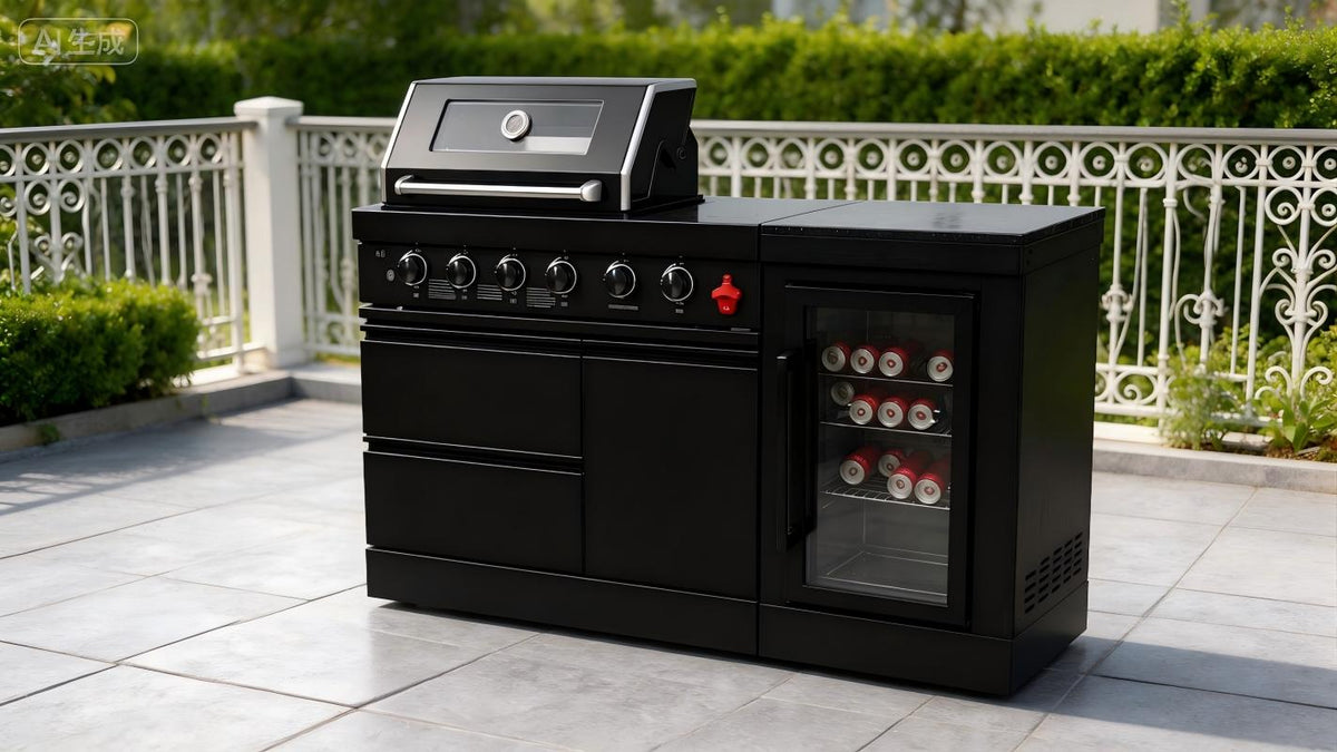 65-Inch 4-Burner Stainless Steel Outdoor Kitchen Grill with Refrigerator - Black